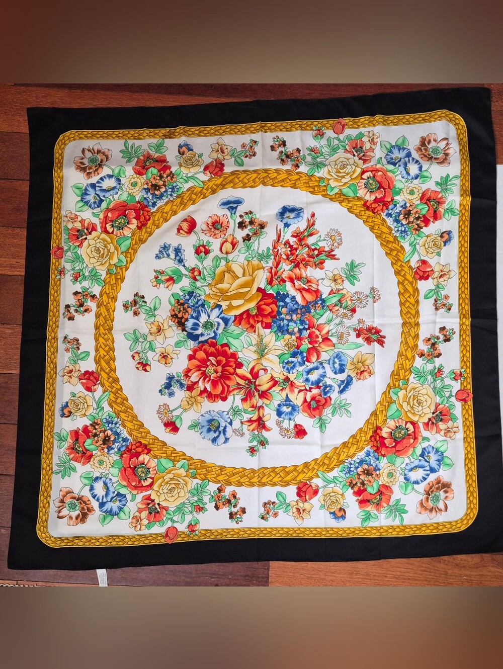 Vintage Floral Garden Square Scarf with Gold Rope Frame - Black Border